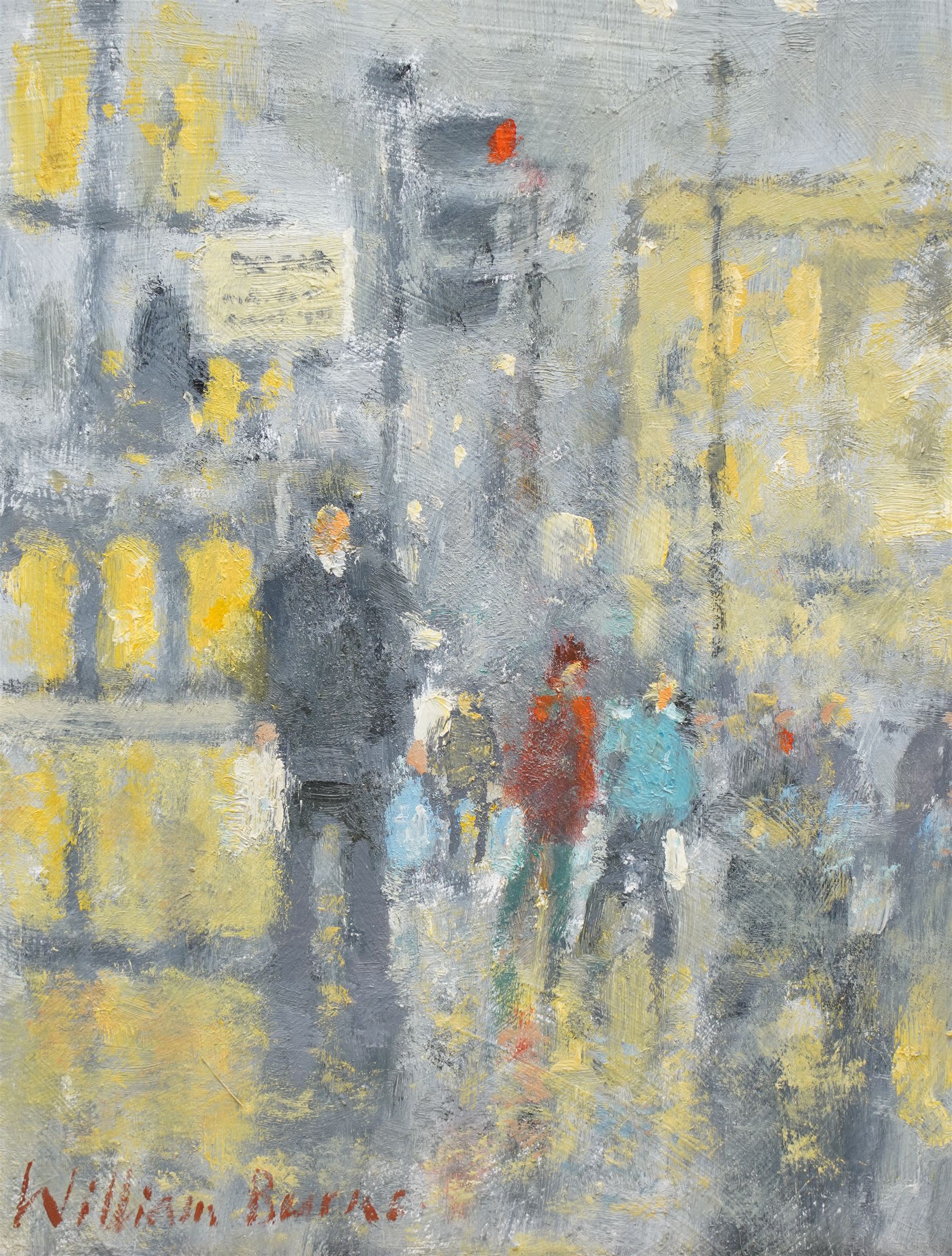 William Burns (Northern British 1923-2010): 'Street Scene - Rain', oil on board signed, titled verso 24cm x 19cm
Provenance: Direct from the family of the artist.
Notes: Born in Sheffield in 1923, William Burns RIBA FSAI FRSA studied at the Sheffield College of Art before the outbreak of the Second World War, during which he helped illustrate the official War Diaries for the North Africa Campaign, and was elected a member of the Armed Forces Art Society. On his return, he studied architecture at Sheffield University and later ran his own successful practice, being a member of the Royal Institute of British Architects. However, painting had always been his self-confessed 'first love', and in the 1970s he gave up architecture to become a full-time artist, having his first one-man exhibition in 1979.