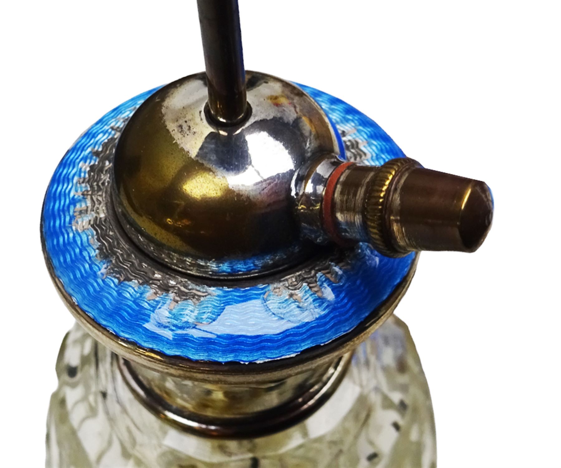 Art Deco thirteen piece silver mounted blue guilloche enamel dressing table set, comprising two hair brushes, two clothes brushes, hand mirror, two cut glass jars, buffer and a cut glass scent bottle, hallmarked J W Tiptaft & Son Ltd, Birmingham 1930 and 1932, and a silver handled manicure set, hallmarked Daniel Manufacturing Company, Birmingham 1930, with a pair of base metal scissors, each contained within three original fitted cases with black and cream silk and velvet lined interiors, one with removable mirror