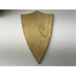 Five wooden shield plaques for mounting taxidermy of various sizes, largest H67cm, D51cm. 