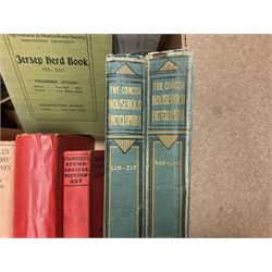 Two volumes of the Concise Household Encyclopedia together with Encyclopedia of Useful Information & Atlas of the World, two volumes of the Cathedrals of England and Wales and various books on farming, in two boxes