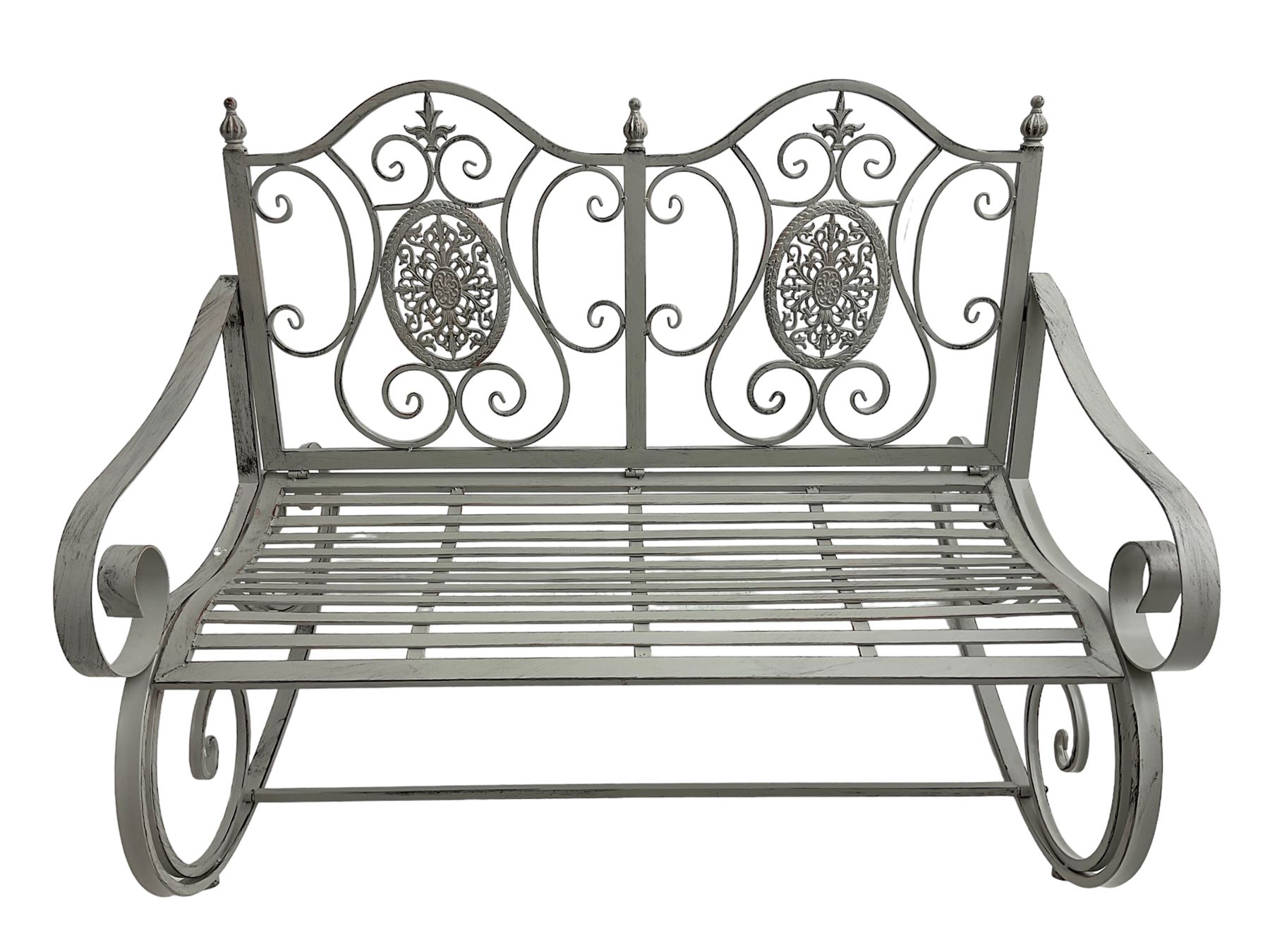 Regency design wrought metal rocking garden two seat, pierced back with scroll design over strap seat, with C-scroll back supports, in antique grey finish

