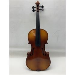 Saxony (?) violin c1950 with 36cm two-piece maple back and ribs and spruce top; bears label 'The Maidstone School Orchestra Association' L59cm overall; and 1950s Czechoslovakian violin for restoration; both in carrying cases (2)