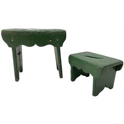 Two 19th century green painted pine vernacular stools, the largest - 36cm x 20cm, H31cm