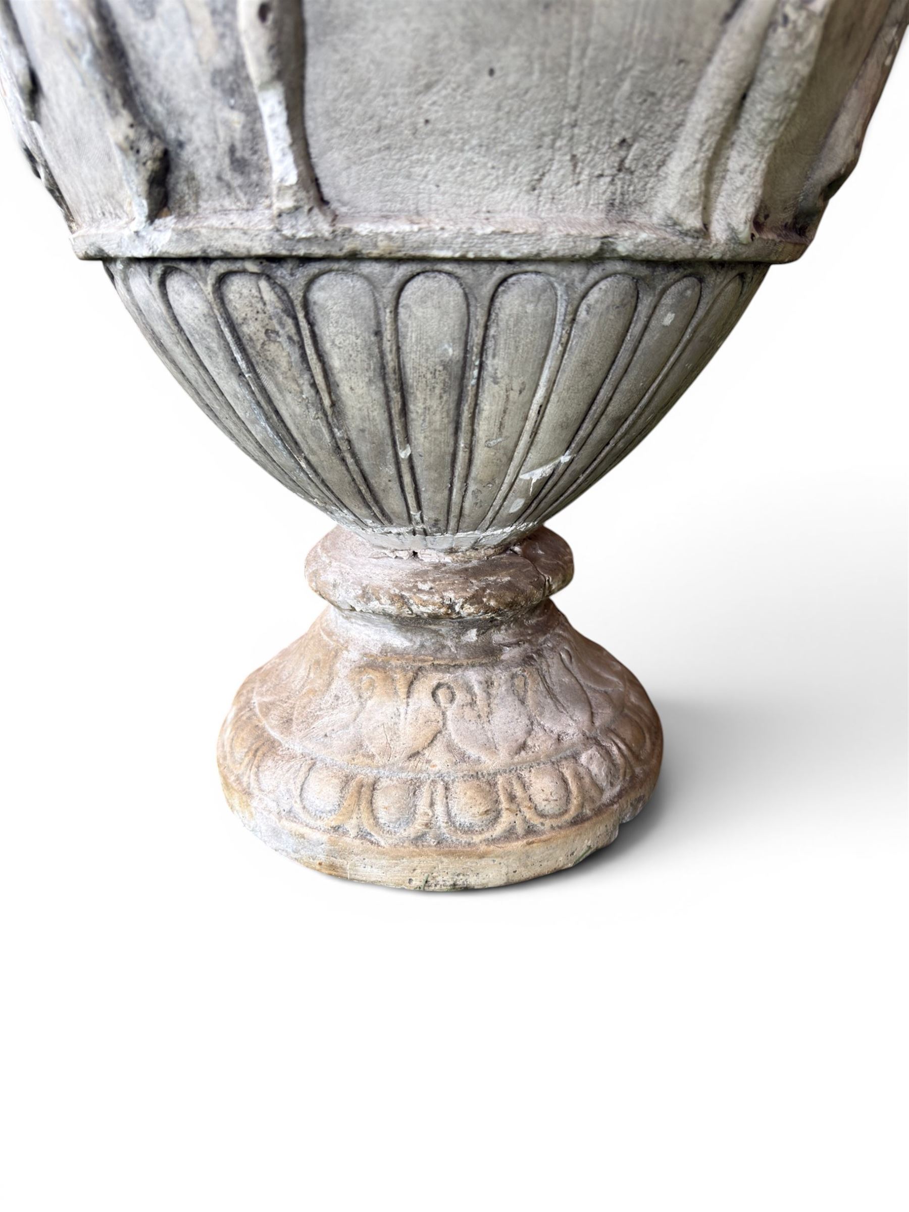 Early 20th century painted plaster classical urn, detailed with swan necks and mythical scenes