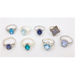  Collection of silver rings set with blue stones stamped 925 (8)  
