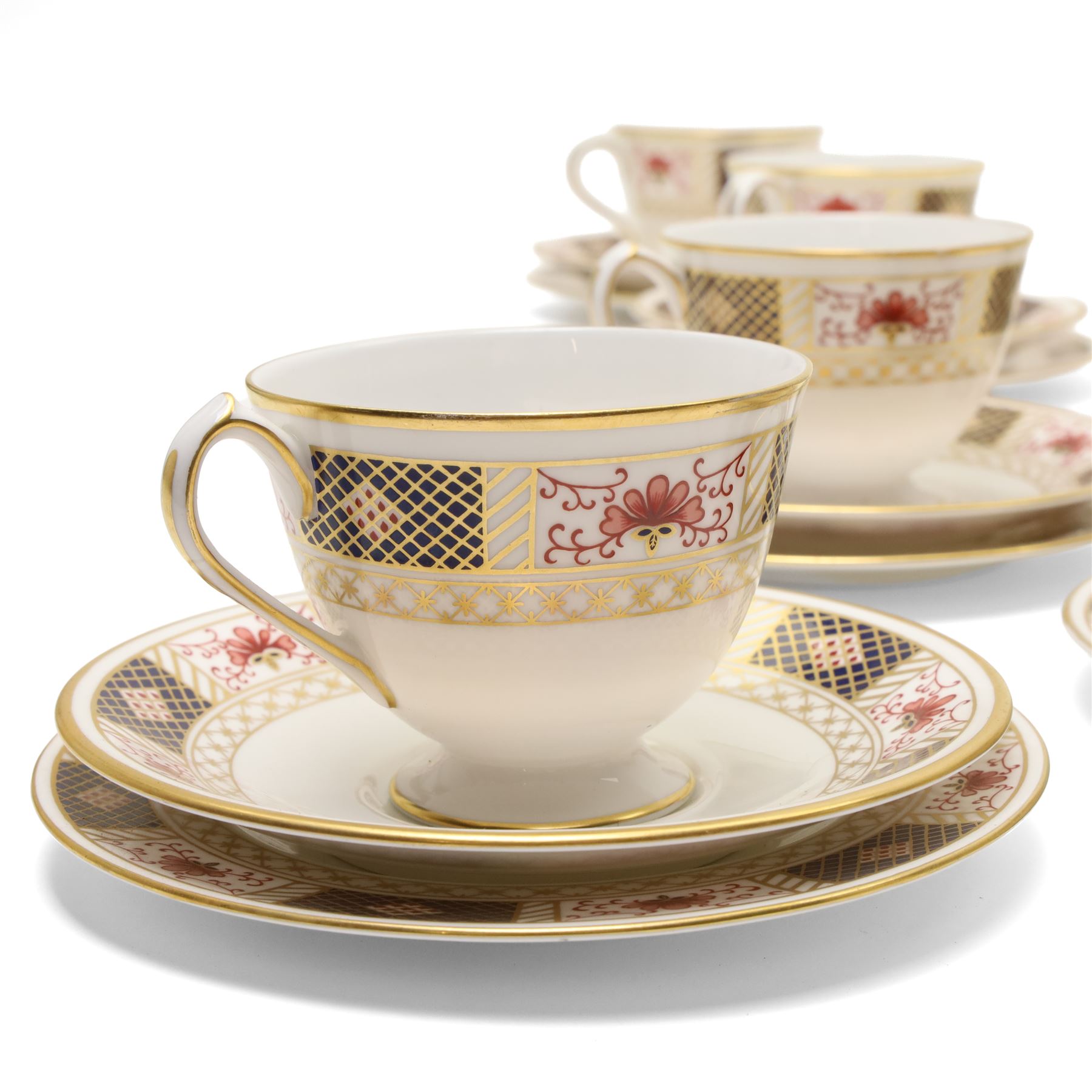 Royal Crown Derby 'Derby Border' pattern part tea service, comprising twelve teacups and saucers, twelve side plates, sandwich plate, milk jug and sugar bowl