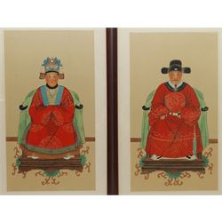 Chinese School (20th century): Seated Man and Woman, pair watercolours on silk 46cm x 25cm