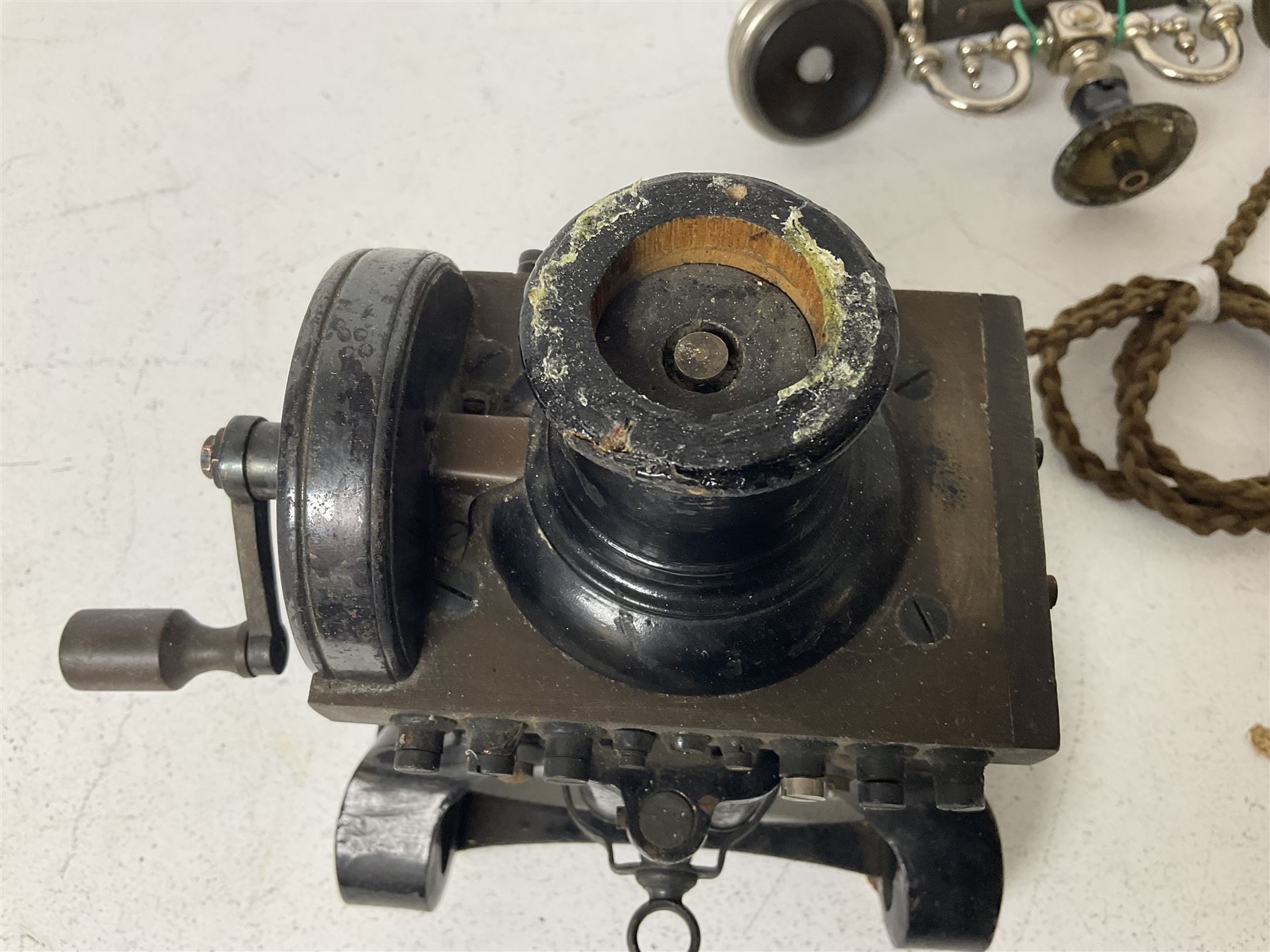 Early 20th century Skeleton Type telephone, probably made by Ericsson, marked MR No. 16, with headset, H30cm