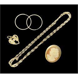 18ct gold H heart pendant, and 9ct gold jewellery including hoop earrings, chain and a cameo brooch 