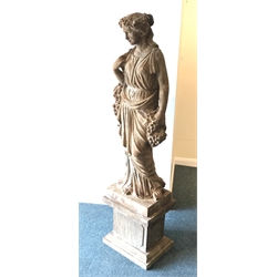  Hand carved stone classical female figure carrying grapes on plinth base, W45cm, H165cm, D30cm  