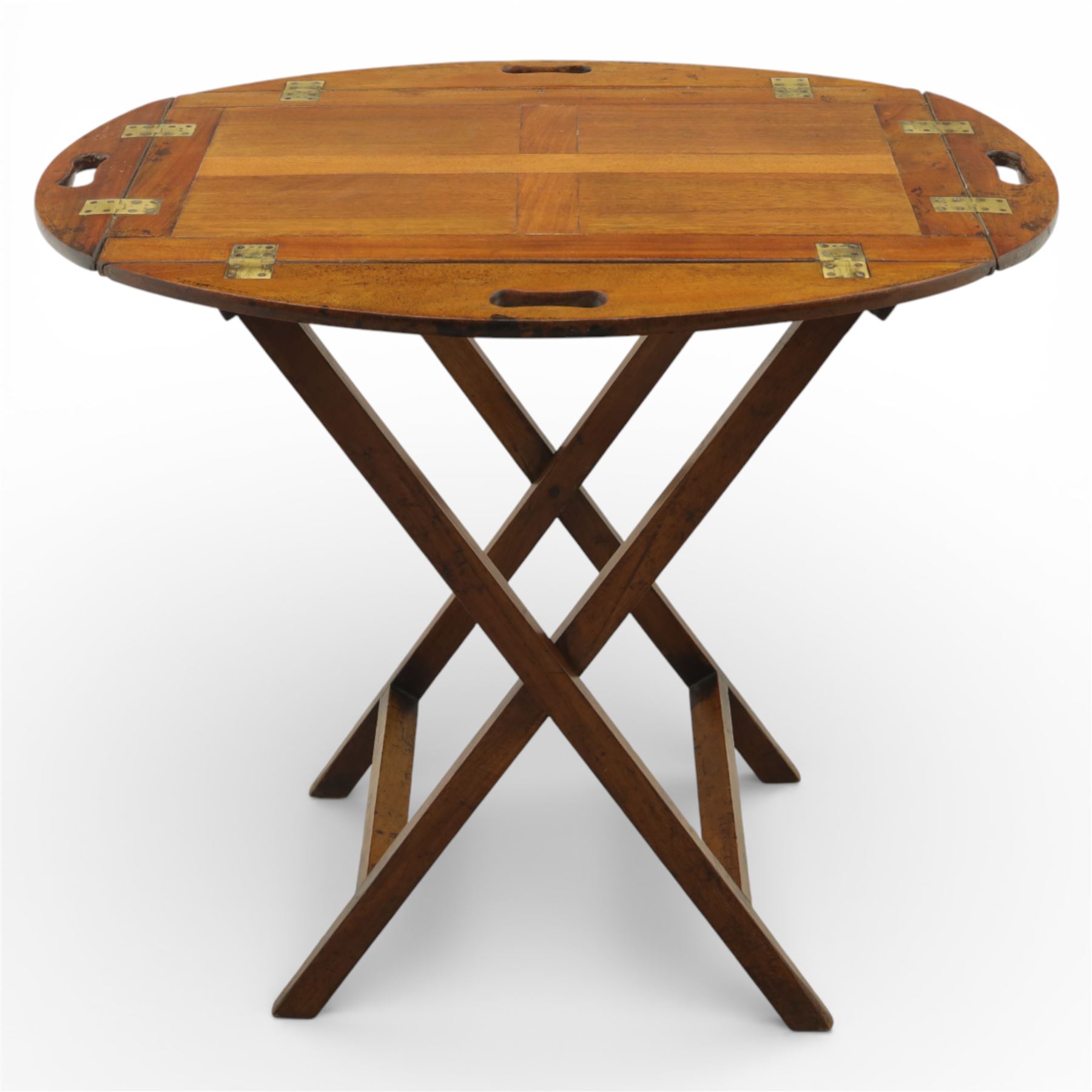 Mid 19th century mahogany butler's tray and stand, the rectangular tray with curved folding handles, opening flat, supported upon an X frame stand  