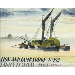 English School (19th century): 'Hay Barges on the Thames - Lion and Lamb Lodge no.192 Ladies Festival', watercolour indistinctly signed and dated 1828 together with another similar max 42cm x 52cm (2)