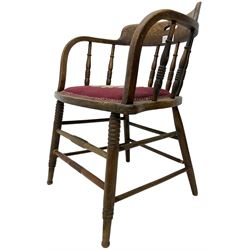 Early 20th century American oak smokers bow tub armchair, shaped cresting rail with pierced handle over ring turned spindle back, seat upholstered in pink tapestry fabric (W56cm, H73cm); small 20th century walnut occasional table on turned supports (W43cm, H70cm, D33cm)