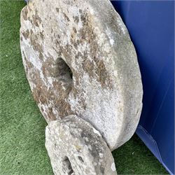 19th century weathered sandstone millstone and a smaller millstone  - THIS LOT IS TO BE COLLECTED BY APPOINTMENT FROM DUGGLEBY STORAGE, GREAT HILL, EASTFIELD, SCARBOROUGH, YO11 3TX