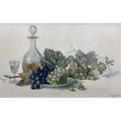 Hannah (Hoyland) Mayor (Staithes Group 1871-1947): Still Life of a Decanter and Grapes, watercolour signed, with E.S.K. (examined by South Kensington Art School) blind stamp 40cm x 65cm 
Provenance: gifted to the vendor's mother by her friend Edith Chudley, the artist's daughter - never been on the market.