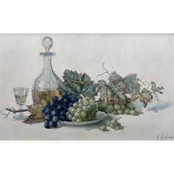 Hannah (Hoyland) Mayor (Staithes Group 1871-1947): Still Life of a Decanter and Grapes, watercolour signed, with E.S.K. (examined by South Kensington Art School) blind stamp 40cm x 65cm 
Provenance: gifted to the vendor's mother by her friend Edith Chudley, the artist's daughter - never been on the market.