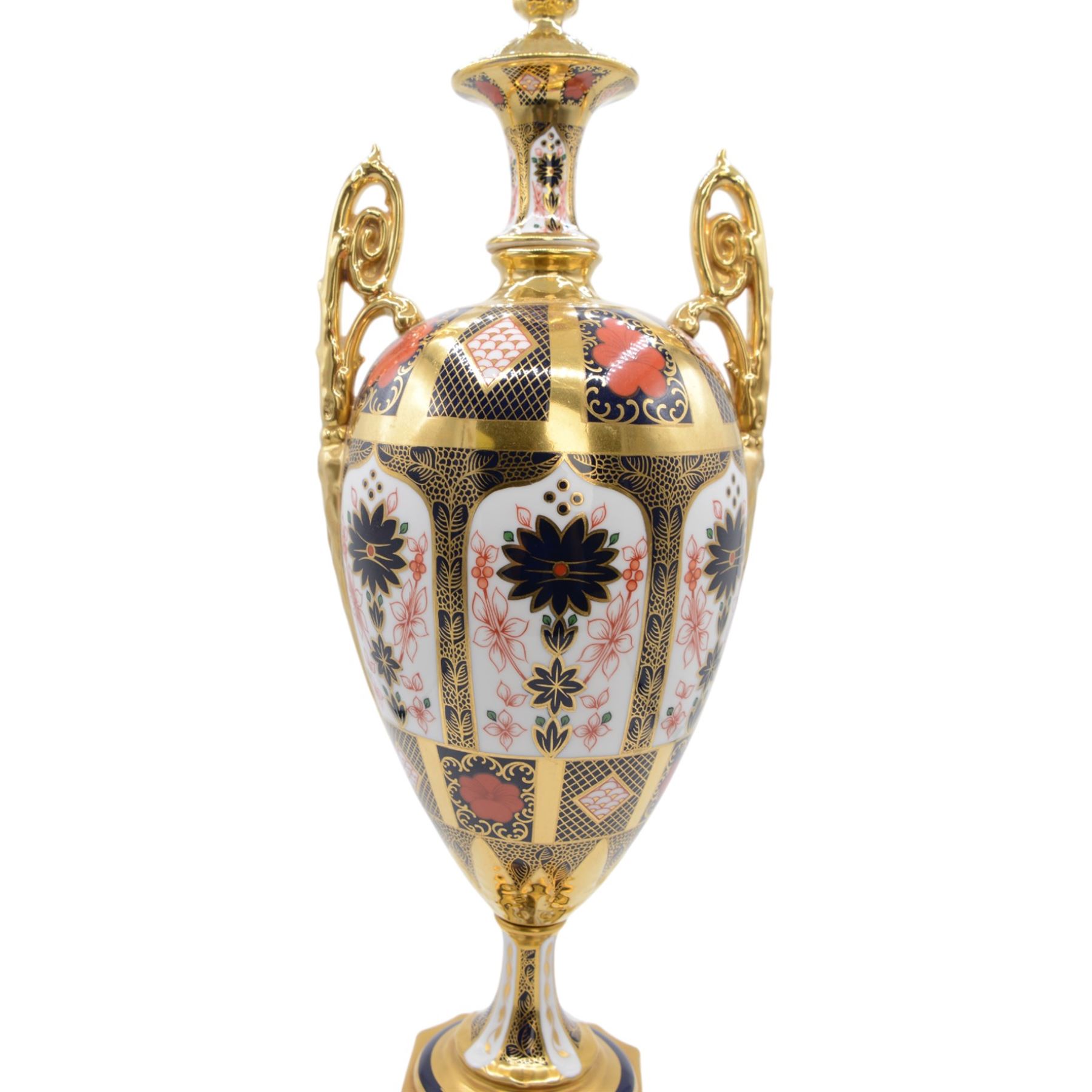 Royal Crown Derby Imari 1128 pattern twin handled urn, with printed mark beneath, second quality, H44cm