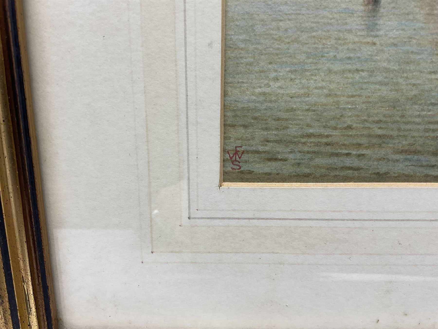 William Frederick Settle (Hull 1821-1897): Fishing Boats on the Shore at Flamborough, watercolour signed with monogram and dated '87, 22cm x 34cm