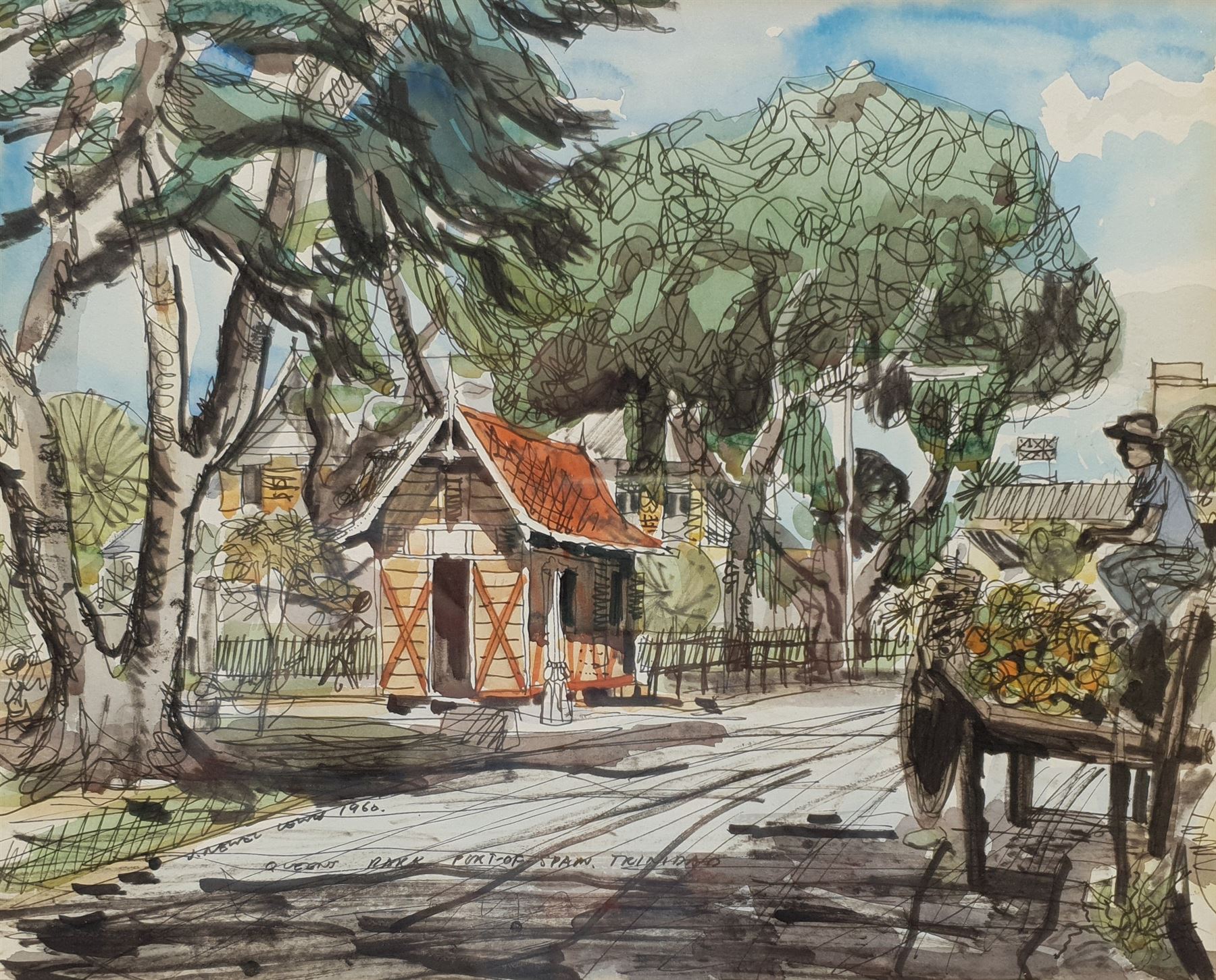 John Newel Lewis (British 1920-1991): 'Queen's Park Port of Spain, Trinidad', watercolour and ink signed titled and dated 1960, 24cm x 30cm