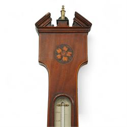  Comoli & Nolli of Edinburgh-early 19th century Sheraton mercury barometer c1820, with a broken arch pediment, brass finial and round base, mahogany case with stringing to the edge, oval conche and round petal inlay, with a boxed surface mounted mercury thermometer and silvered 8