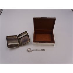 Modern silver mounted cigarette box, of plain rectangular form, with personal engraving to hinged cover, opening to reveal soft wood lined interior, H3.8cm, W21.5cm, hallmarked Padgett & Braham Ltd, London 1967, together with a silver cigarette case, with engraved C scroll decoration, hallmarked Joseph Gloster Ltd, Birmingham 1917 or 1942 and a silver souvenir spoon