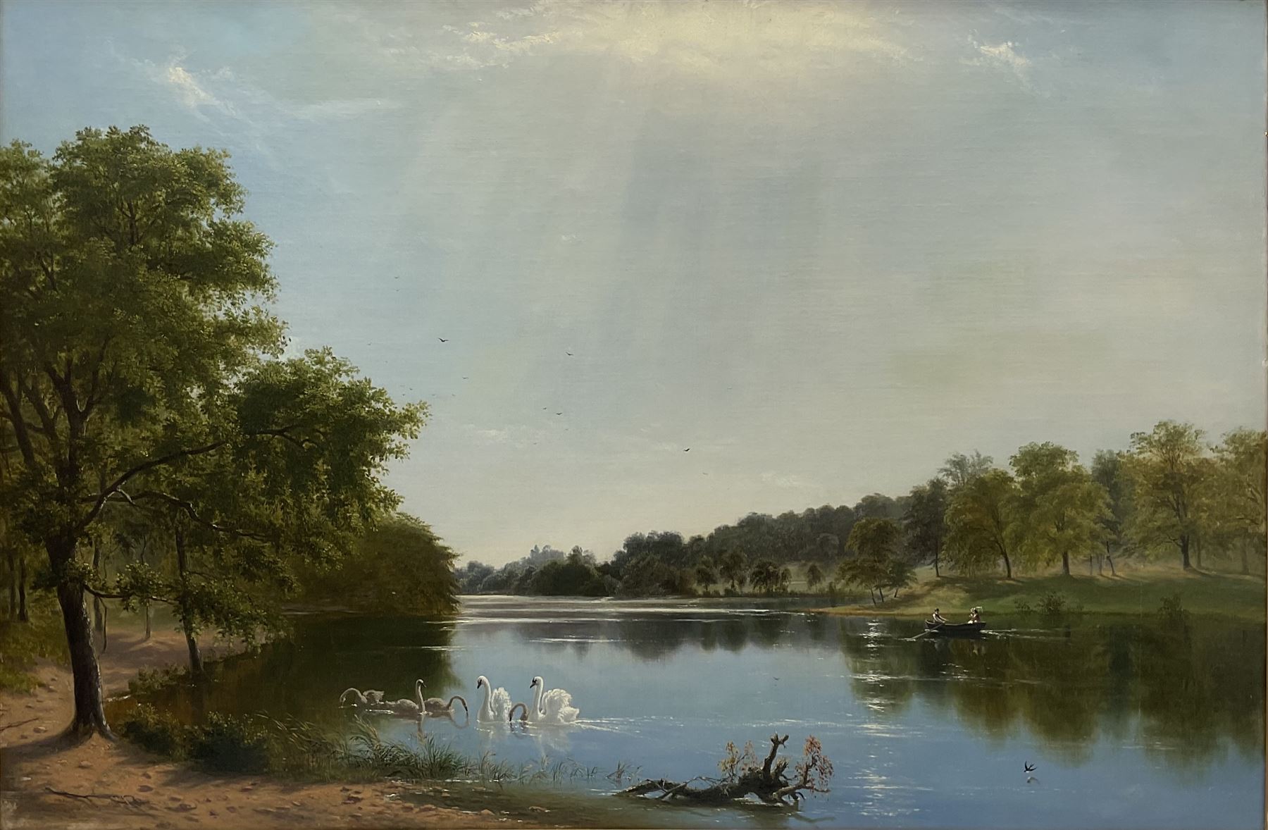 James Roberts RBA (British 1837-1909): 'Waterloo Lake Roundhay Park Leeds', oil on canvas signed and dated 1872, 80cm x 120cm
Notes: Roberts a neglected Yorkshire artist, was baptised at St Peter's, Leeds, son of Samuel and Sarah Roberts. He exhibited eight works at the Royal Society of British Artists in Suffolk Street London. A member of the Ipswich Art Club 1889-1891 and  in 1889 he exhibited five pictures from 11 Park View, Potternewton, an area of Leeds bounded by Roundhay Park, including 'Early Morning on the Gipping', the River Gipping runs from Ipswich through Stowmarket. In 1890 he exhibited four pastels including 'Bolton Abbey on the Wharfe' and 'Druid Circle, Keswick'. He died at Leeds in 1909