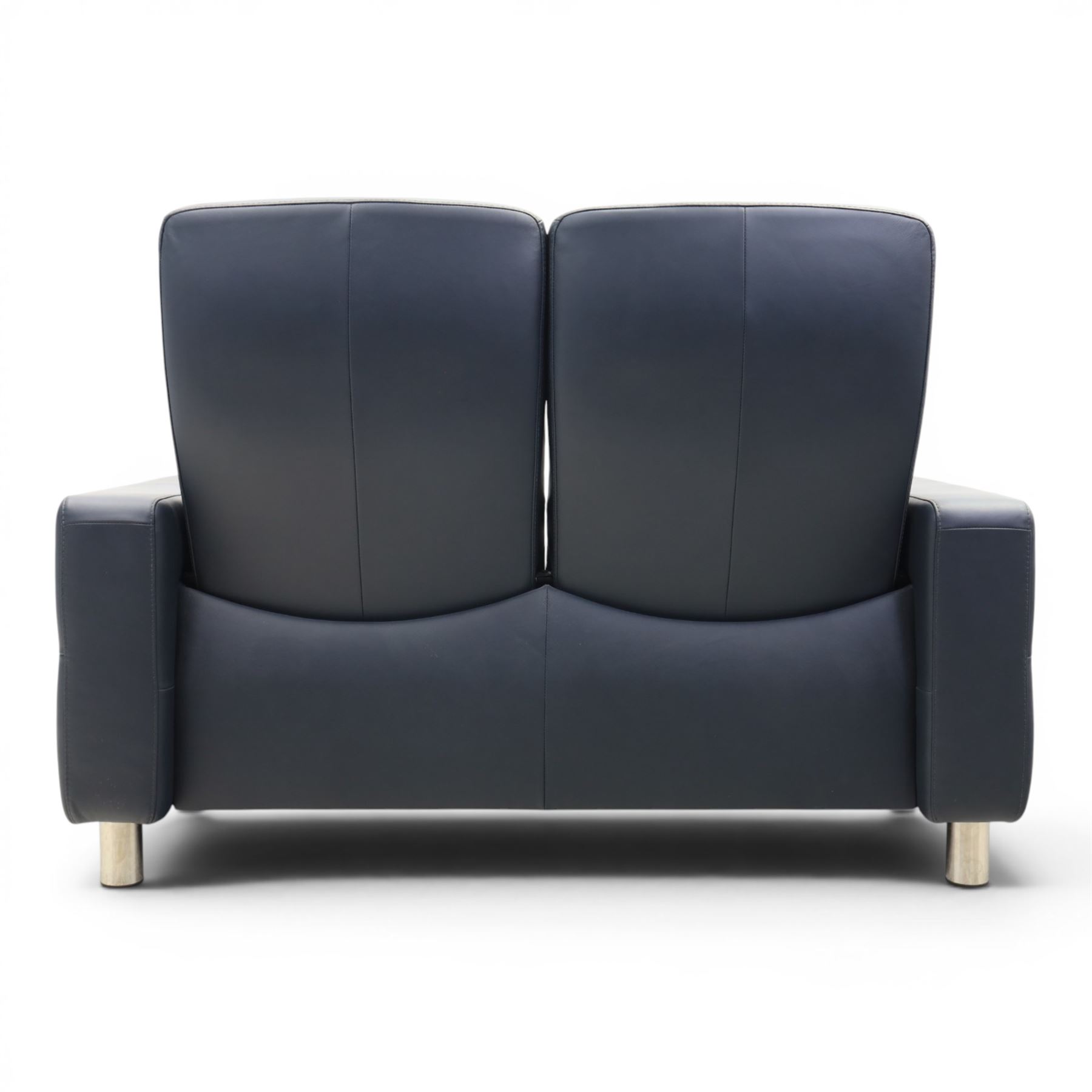 Ekornes - Stressless 'Wave' two seater sofa, upholstered in blue leather, independent recline mechanism, raised on cylindrical chrome supports