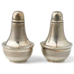 Silver five piece condiment set comprising pair of salts, pair of pepperettes and mustard pot together with three spoons Birmingham 1933 Maker Joseph Gloster Ltd