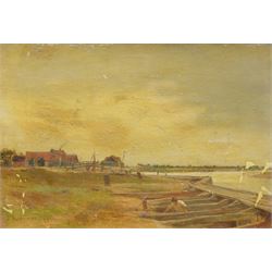 James Aumonier (British 1832-1911): Boats Moored on the Norfolk Broads, oil on canvas signed and dated 1877, i n antique gilt and gesso swept frame 20cm x 29cm