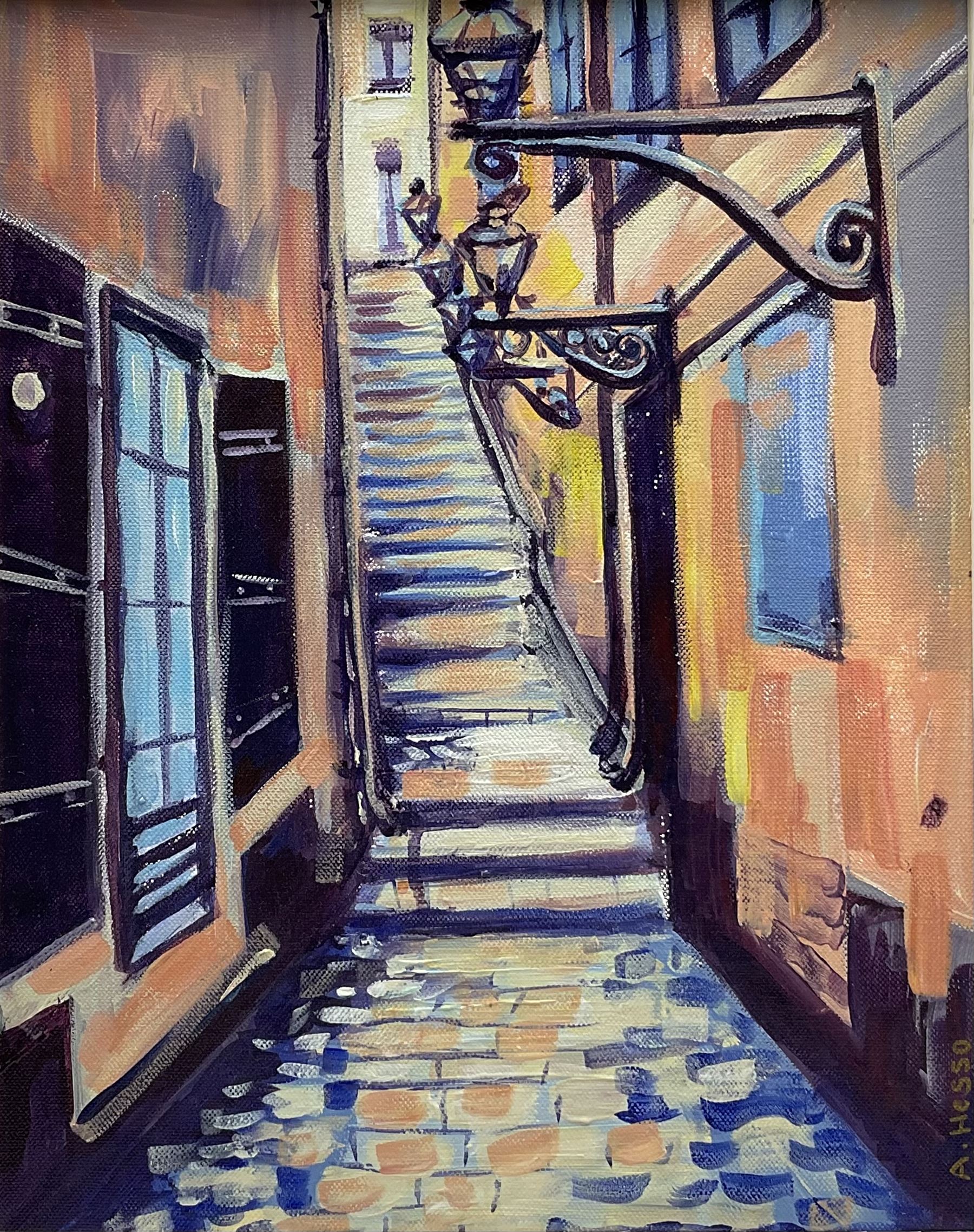 Al Hesso (Swedish Contemporary): The Stairway Gamla Stan, oil on canvas signed, titled and dated 2010 verso 40cm x 32cm