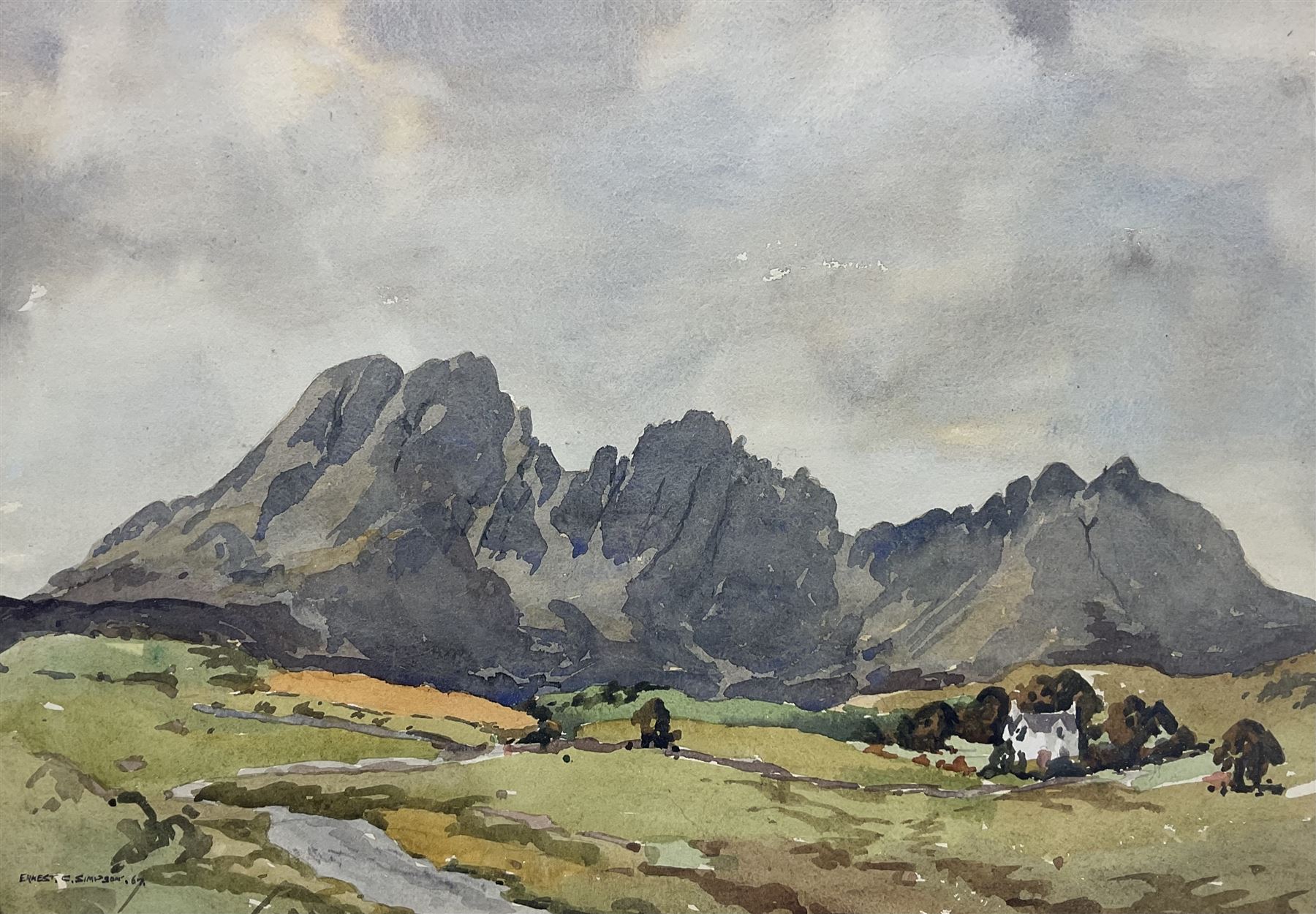 Ernest Charles Simpson (British 1915-2007): 'Blaven from the Elgol Road' Scotland, watercolour signed and dated '67, titled on original label verso 36cm x 52cm Notes: Simpson was a founding member of the Yorkshire Watercolour Society. 
