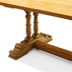 Baker Furniture - 'Baluster' range mango wood dining suite, comprising a refectory dining table raised on twin pillars with scrolled bases, with six chairs including two carvers, with gilt mounts and neutral upholstery