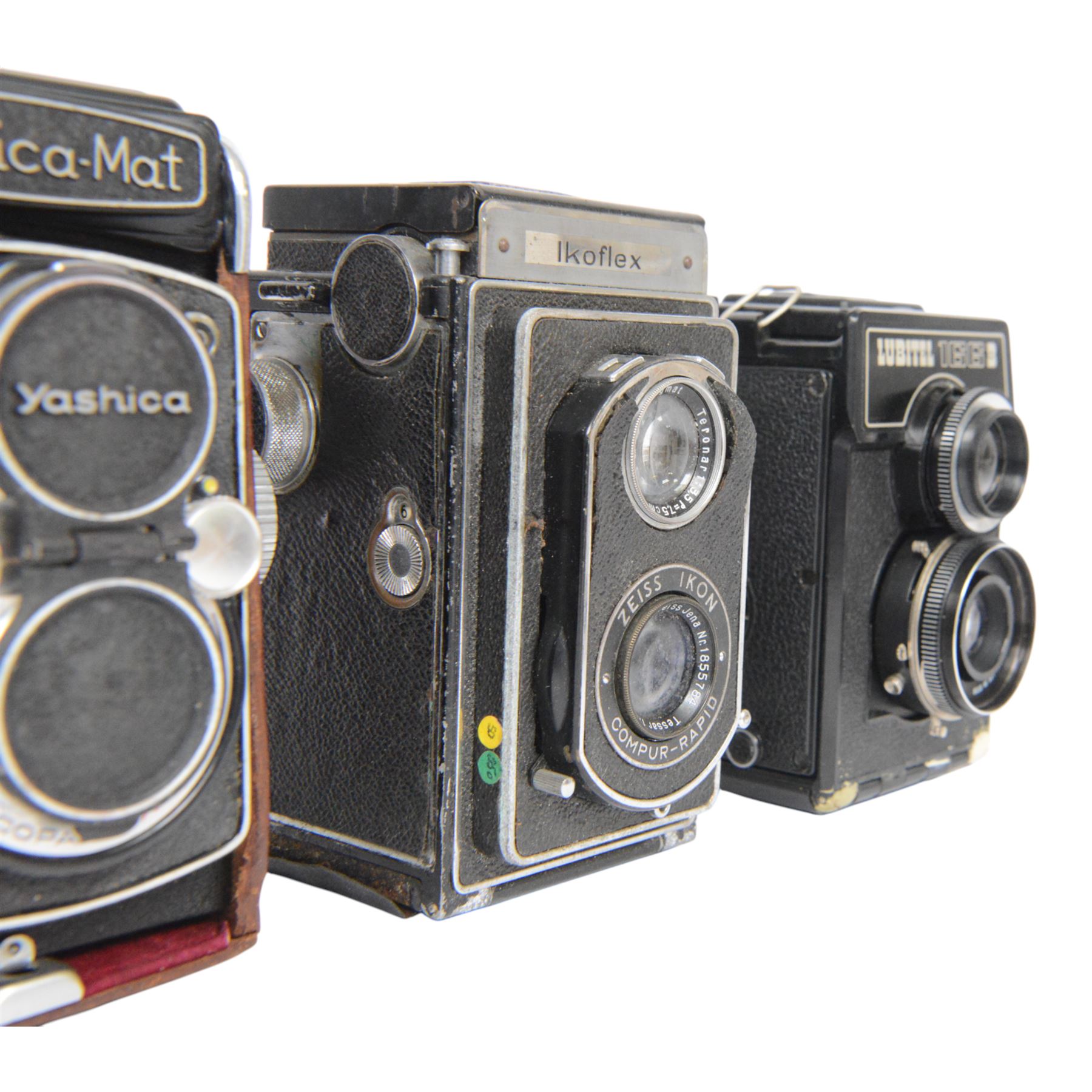 Four medium format TLR cameras, comprising Zeiss Ikon Ikoflex serial no. TD17003 with Tessar 1:3.5 f=7.5cm and Teronar Suchar-Anastigmat 1:3.5 f=7.5cm lenses, Franke & Heidecke Rolleiflex serial no. 1164037 with Tessar 1:2.8 f=80mm and Heidoscop-Anastigmat 1:2.8 f= 80mm lenses, Yashica-Mat Copal MXV serial no. MT 2050640 with Yashinon 1:3.5 f=80mm and View-Yashinon 1:3.2 f=80mm lenses and a Lomo Lubitel 166B serial no. 83169658 with T-22 4.5/75 lenses
