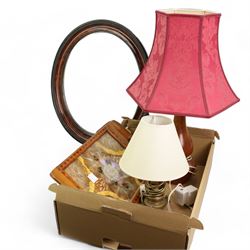 Vintage butterfly wing tray, brass table lamp with lion paw supports, oval mirror, barley twist table lamp, turned wooden table lamp etc, in one box