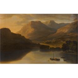 Sir Augustus Wall Callcott (British 1779-1844): 'Skiddaw and Derwent Water', oil on canvas inscribed and titled on the mount 66cm x 100cm, in 19th century gilt and gesso swept ornate frame with scrolling scalloped shell motifs