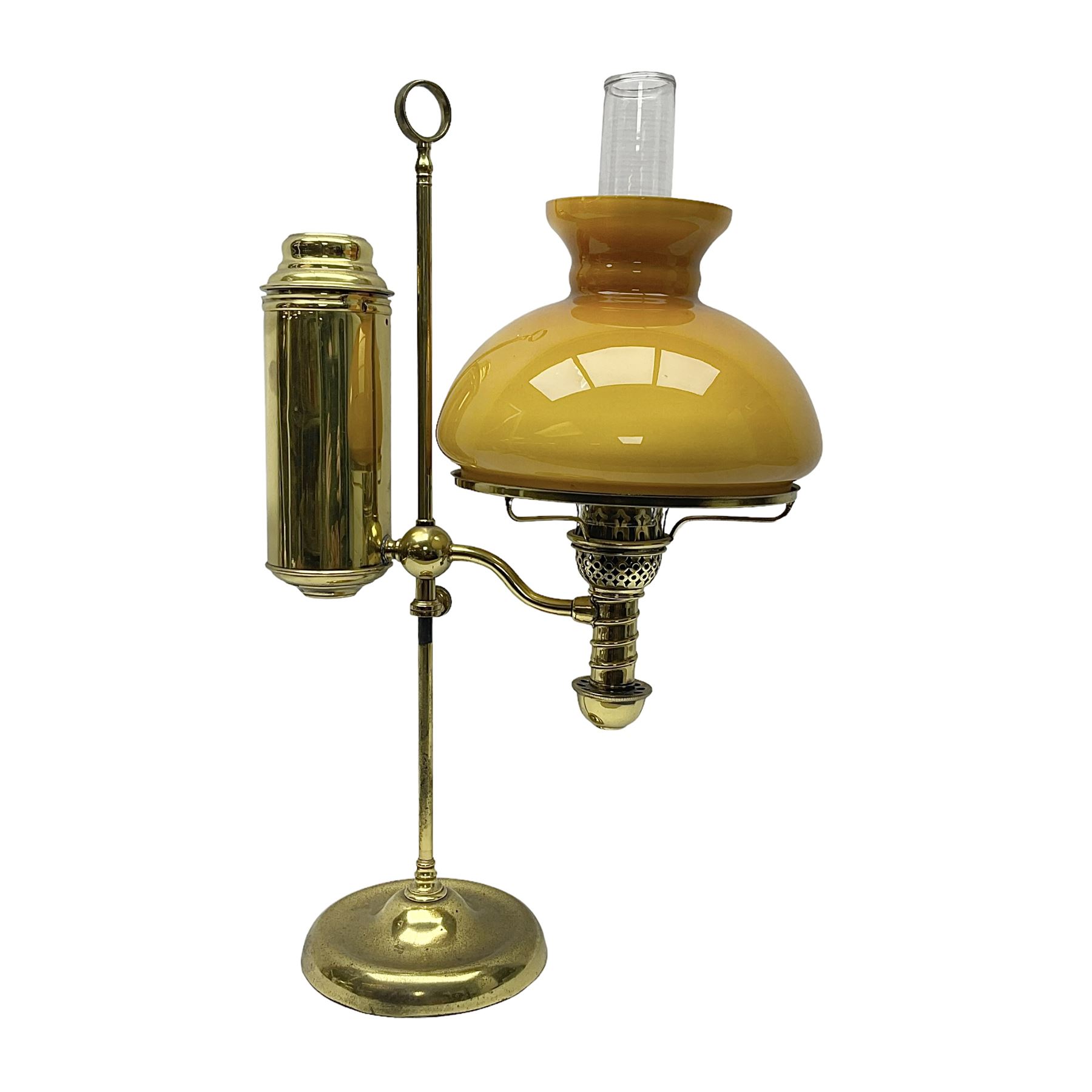 Brass adjustable student's oil lamp, with yellow glass shade, H52cm