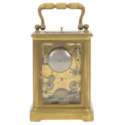 French- late 19th century 8-day  twin train corniche carriage clock with hour repeat and alarm, four bevelled glass panels and oval inset viewing glass to the top, enamel dial with Roman numerals, minute markers and fine moon hands, with alarm setting dial and indistinct London retailers name, movement with original jewelled and silvered lever platform escapement and rack striking, sounding the hours and alarm on a single rear mounted bell. With key.