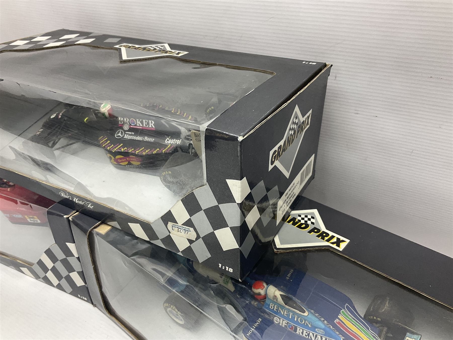 Three Paul's Model Art Grand Prix 1:18 scale die-cast racing cars - Sauber Mercedes C13 A. De Cesaris G.P. Canada 1994; Ferrari F 93 A Jean Alesi; and Benetton B 194/5 Showcar 1995 J. Herbert; all boxed (3)