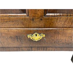 Georgian oak mule chest, moulded rectangular hinged lid over quadruple fielded panel front, the frieze inscribed '17 A Y 57', fitted with two drawers, panelled ends and back, on stile supports