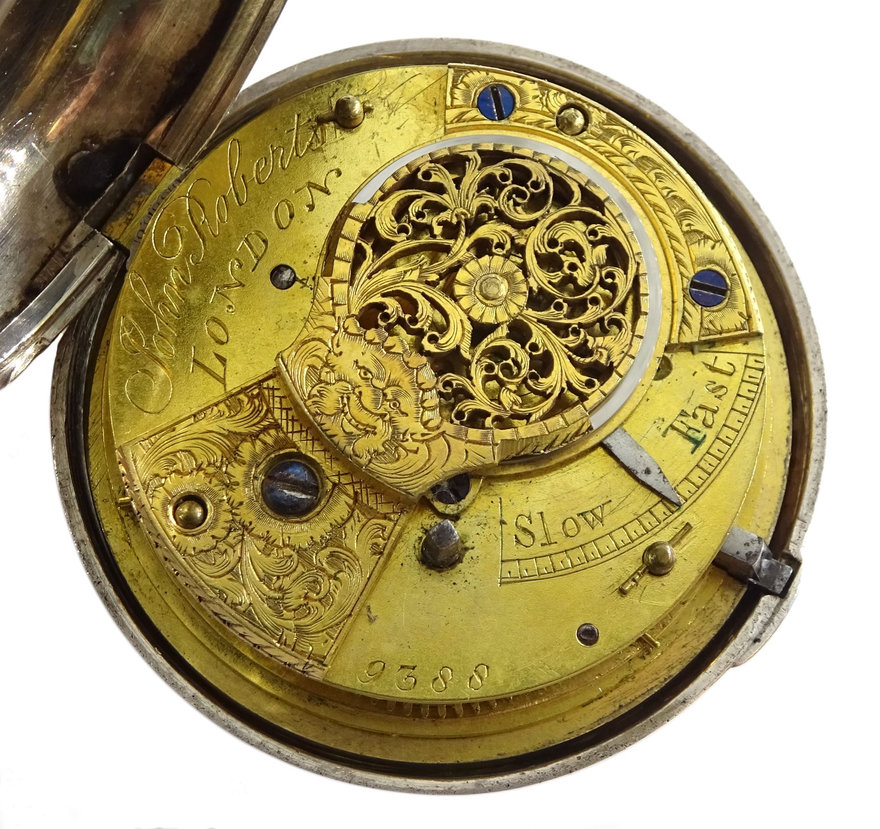 19th century silver pair cased verge fusee pocket watch by John Roberts, London, No. 9388, round pillars, pierced and engraved balance cock decorated with a mask, silver champleve dial depicting a nude female standing on a bridge amongst the stars, wandering hour dial with Arabic five minute markers and single hand, bull's eye glass, case by George Richards London 1832