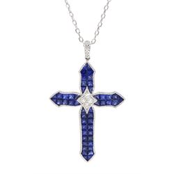 18ct white gold milgrain set sapphire and diamond cross pendant necklace, total sapphire weight approx 4.30 carat