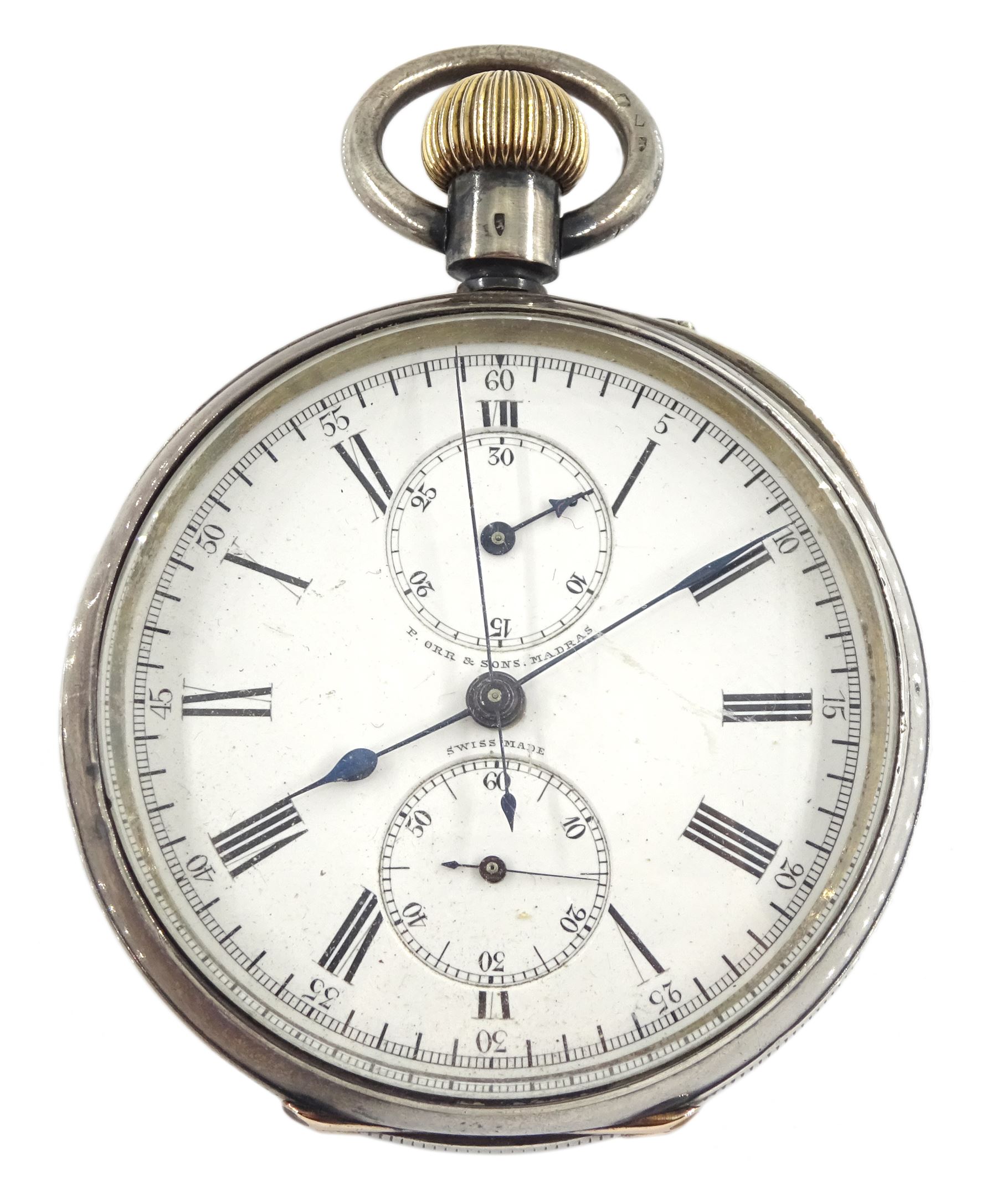 19th century Swiss silver open face keyless chronograph pocket watch by P. Orr & Sons, Madras, white enamel dial with Roman numerals, centre seconds and thirty minute recording dial, over constant seconds outer minute ring, case No. 647576, Swiss hallmarks