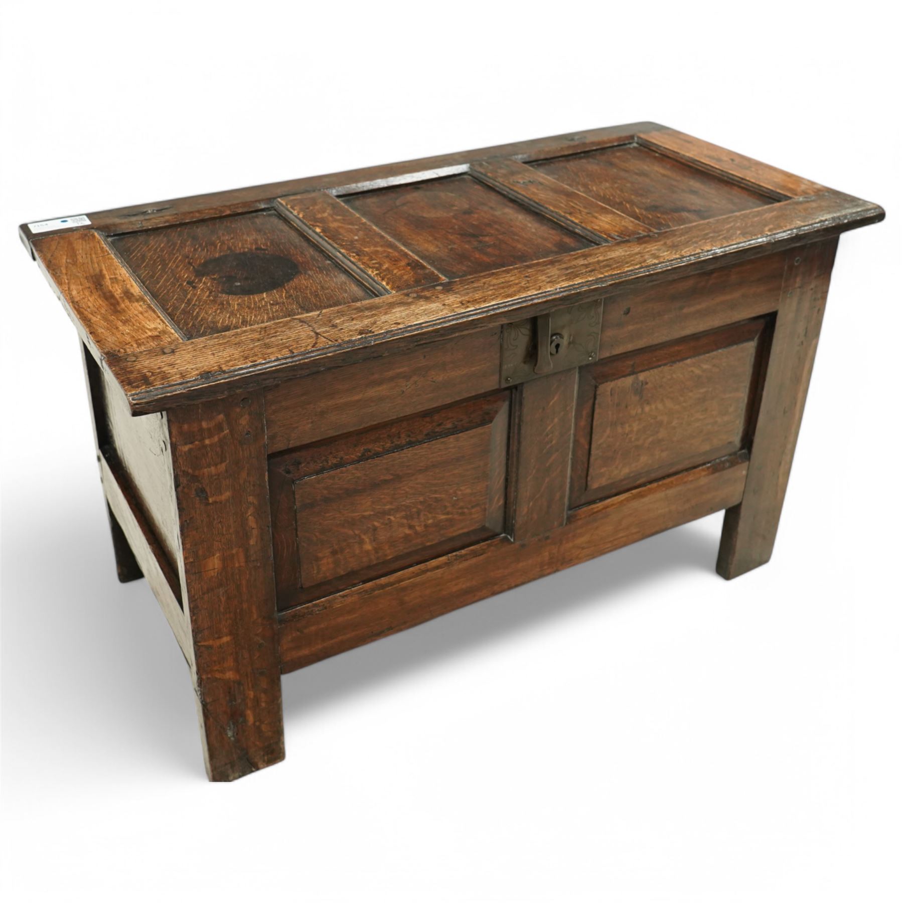 19th Century oak blanket chest, all-over panelling, hinged top with brass latch lock