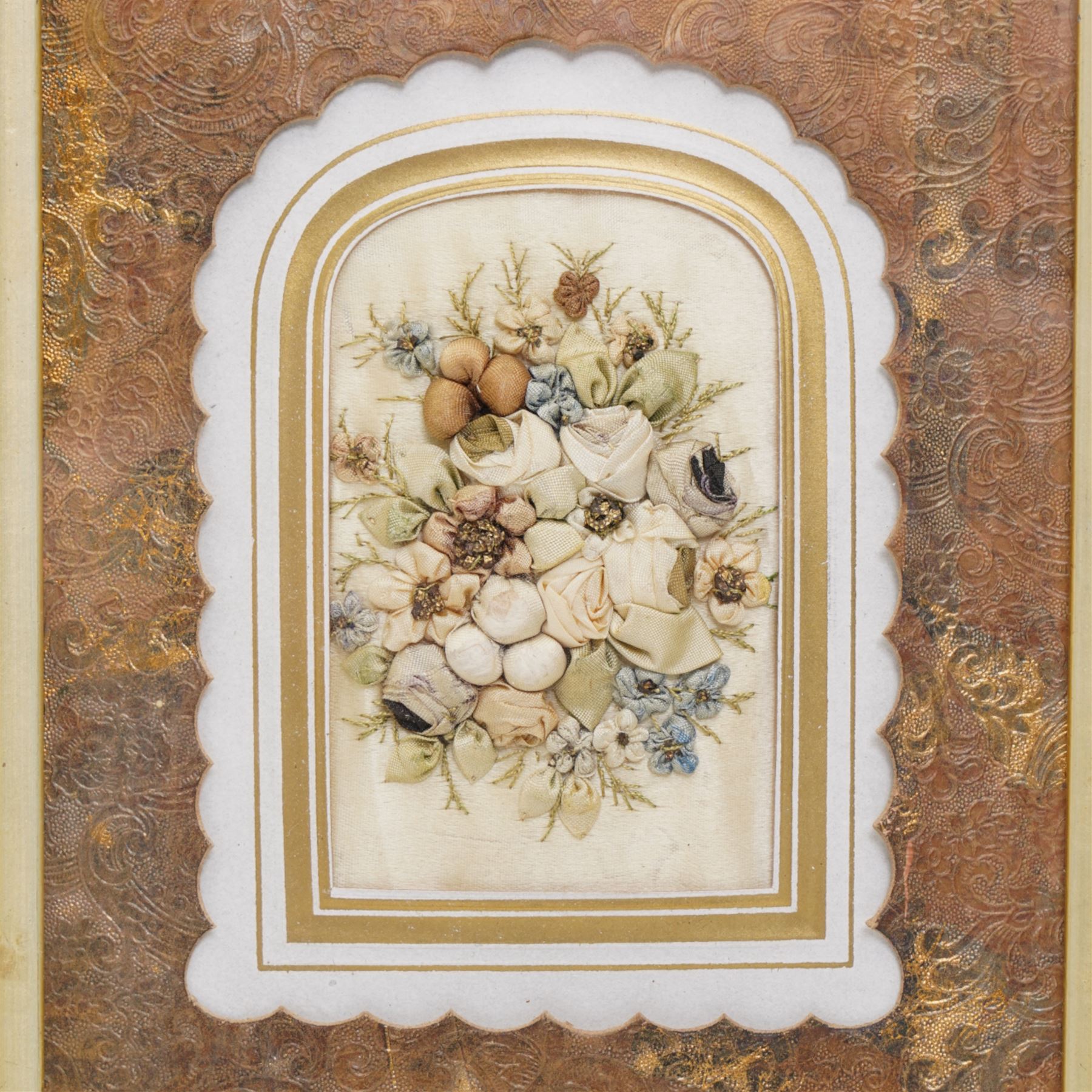 Victorian ribbonwork in maple frame, frame 27cm x 23cm 