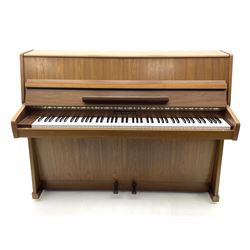John Brinsmead upright piano, teak cased, iron framed and overstrung with piano stool 