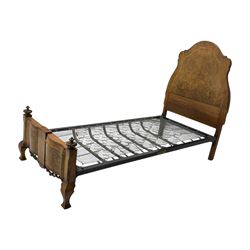 Mid-20th century walnut single bedstead, high shaped headboard, footboard with turned finials and scrollwork carvings, complete with 'Vono' iron frame, raised on cabriole supports