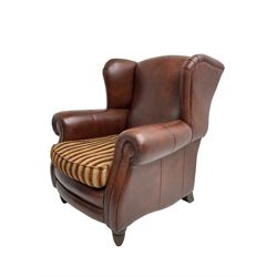 Gainsborough Lounge Suites - three piece leather and fabric lounge suite - pair two seat sofas (W225cm, H82cm, D105cm), and matching armchair (W88cm), on turned front feet with scatter cushions