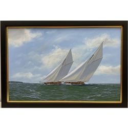 George Drury (British 1950-): 'Britannia and Ailsa in Her Majesty's Cup 5th Aug. 1895', oil on board signed, titled verso 47cm x 73cm