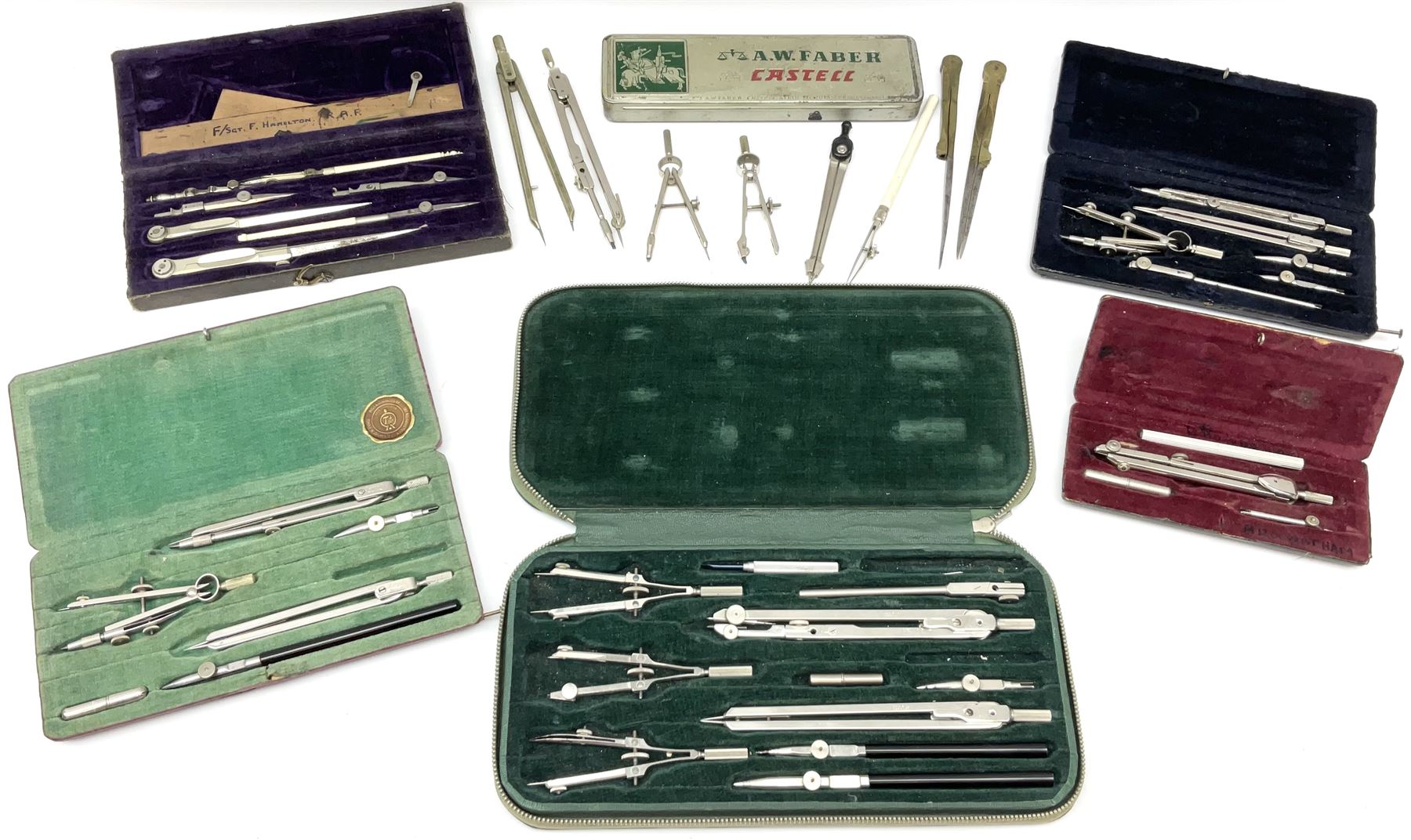 Negretti & Zambra drawing instrument set, the ruler with manuscript name 'F/Sgt. F. Hamilton R.A.F. 194(?)', cased; four other drawing instrument sets by Anker-Precision Germany, EcoBra, Temple etc, all cased; and quantity of loose drawing instruments