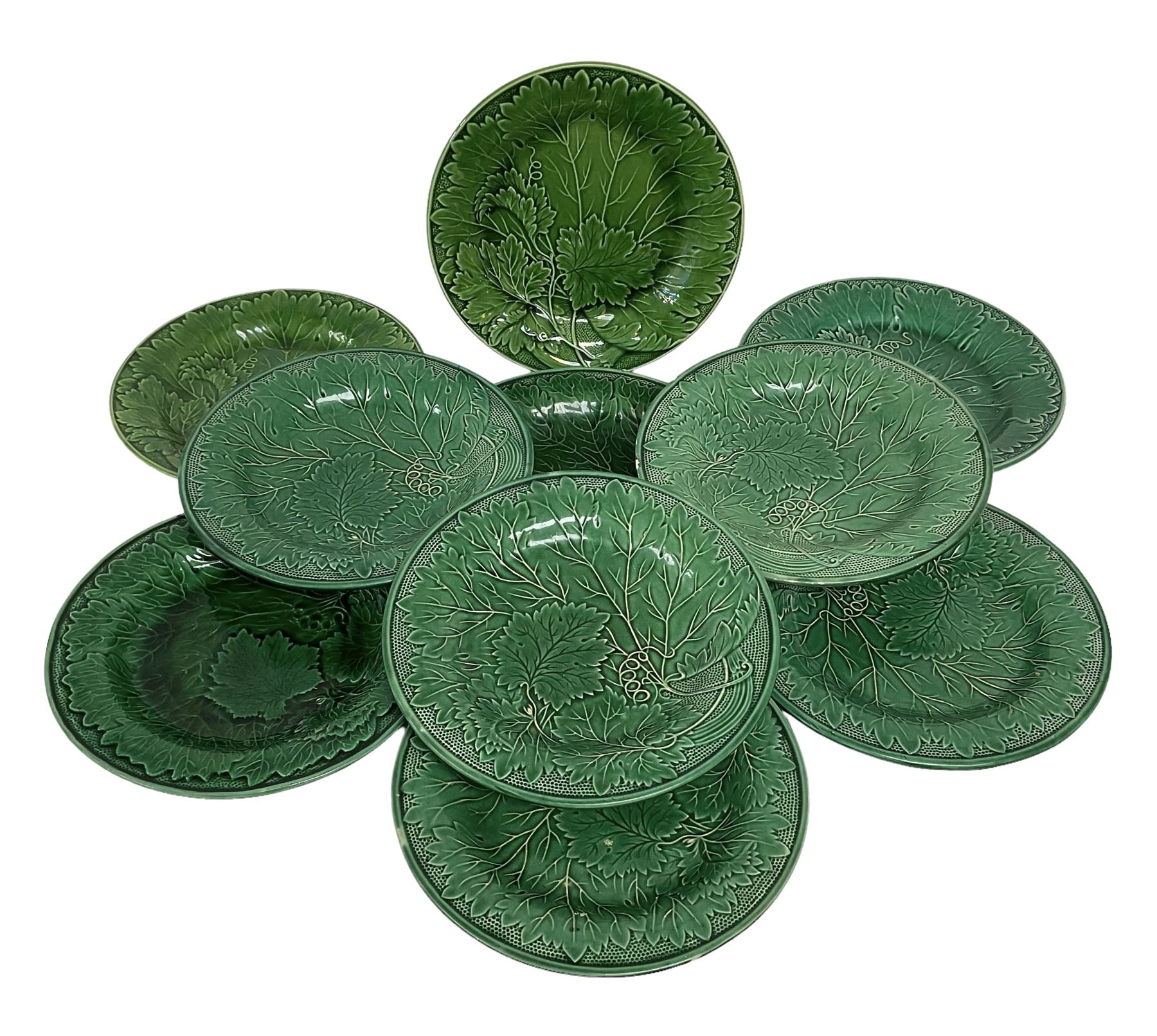Ten majolica leaf design plates, including Davenport examples, D22cm 